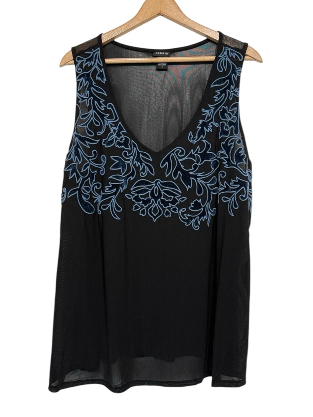 Torrid Size 2X Black Sheer Tank Blue Velvet Floral Embroidery V Neck